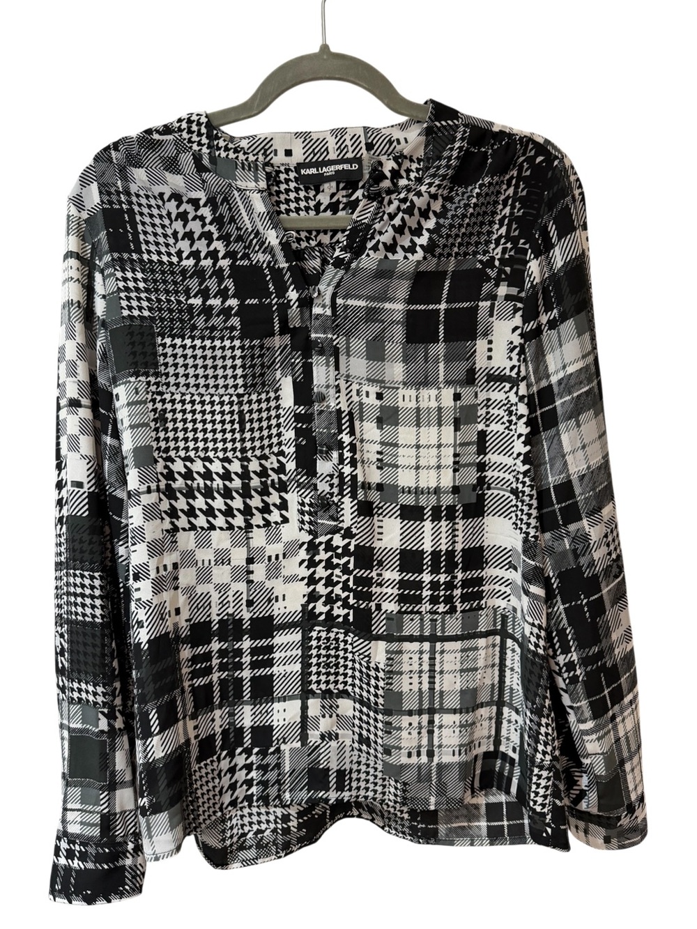 Karl Lagerfeld Black and White Patchwork Plaid Women's Blouse size Small